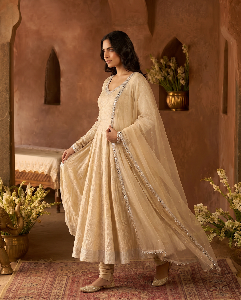 Cream Mirror Work Doremon Crush Gown Salwar Suit Set - angled movement