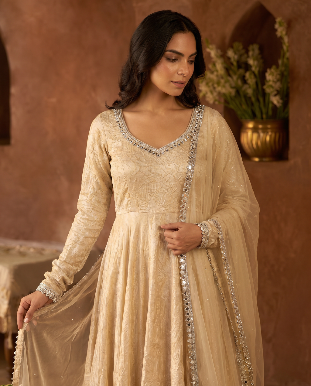 Cream Mirror Work Doremon Crush Gown Salwar Suit Set - detail closeup