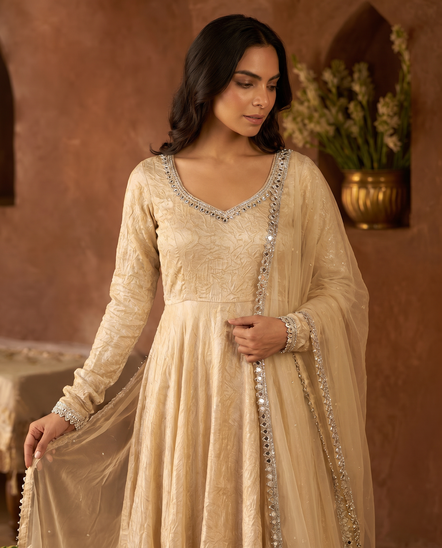 Cream Mirror Work Doremon Crush Gown Salwar Suit Set - detail closeup