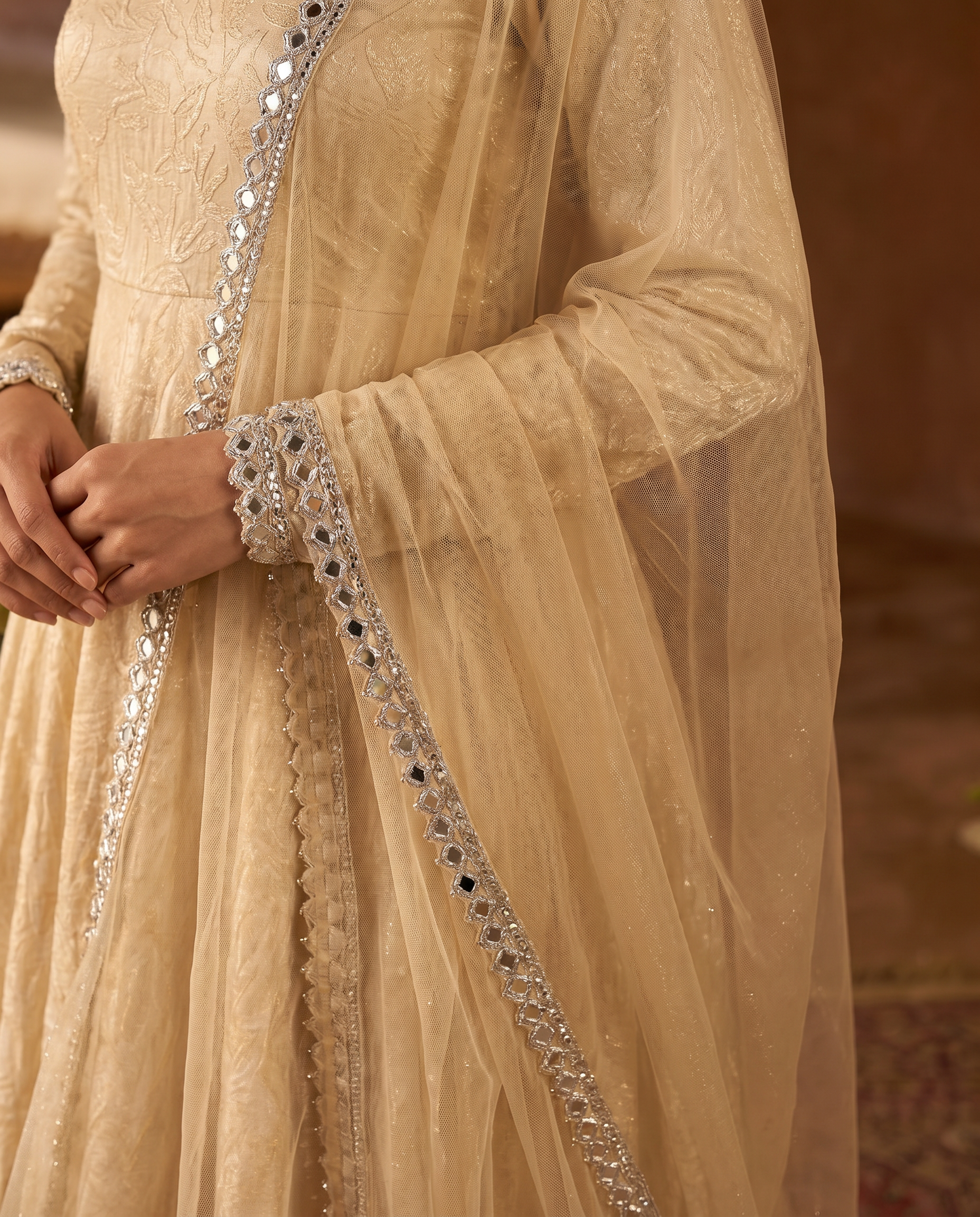 Cream Mirror Work Doremon Crush Gown Salwar Suit Set - dupatta detail