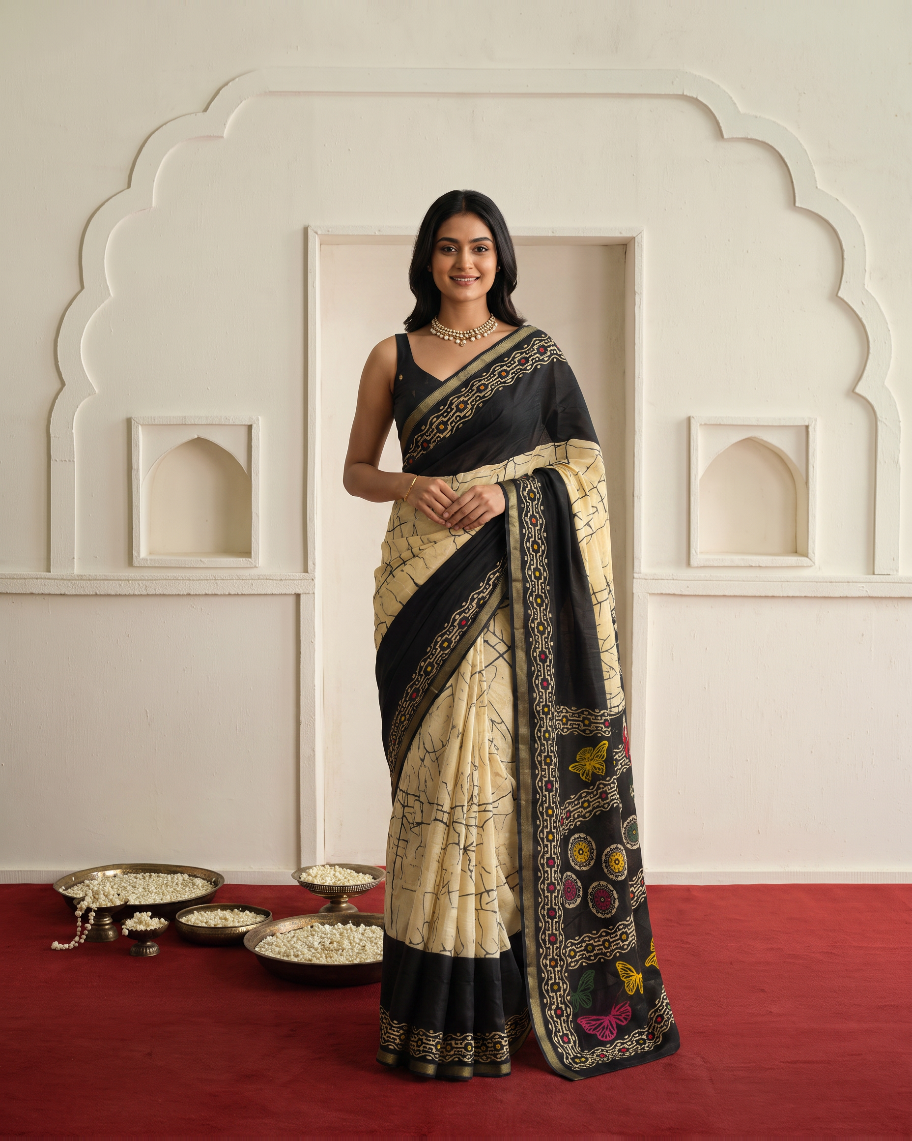 Crimson Hand-Block Chander Red colour cotton saree - Black - hero