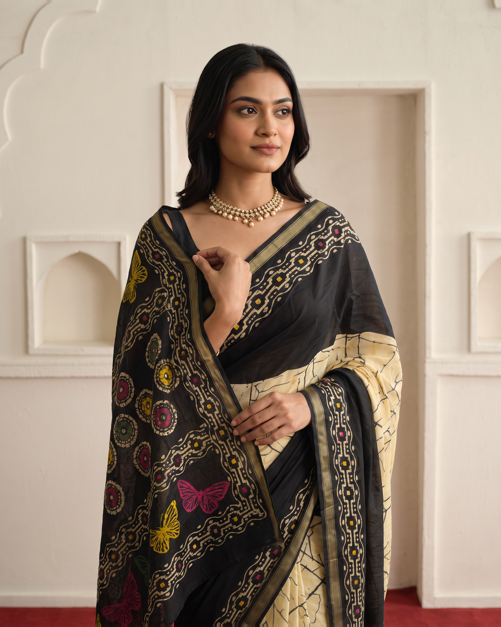 Crimson Hand-Block Chander Red colour cotton saree - Black - upper closeup - catalog replacement catalog-output-replacement-20260812-095206-5340