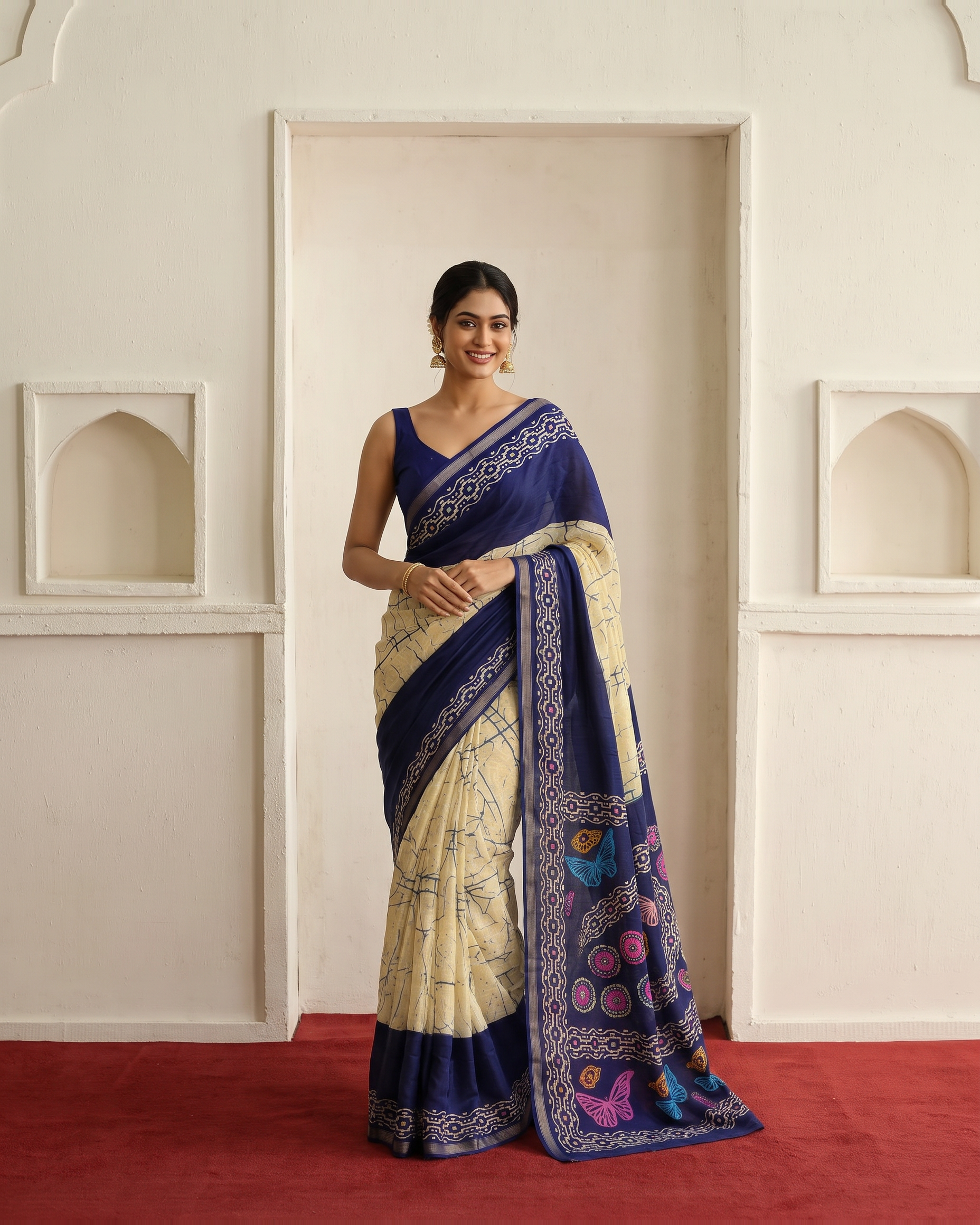Crimson Hand-Block Chander Red colour cotton saree - Blue - hero