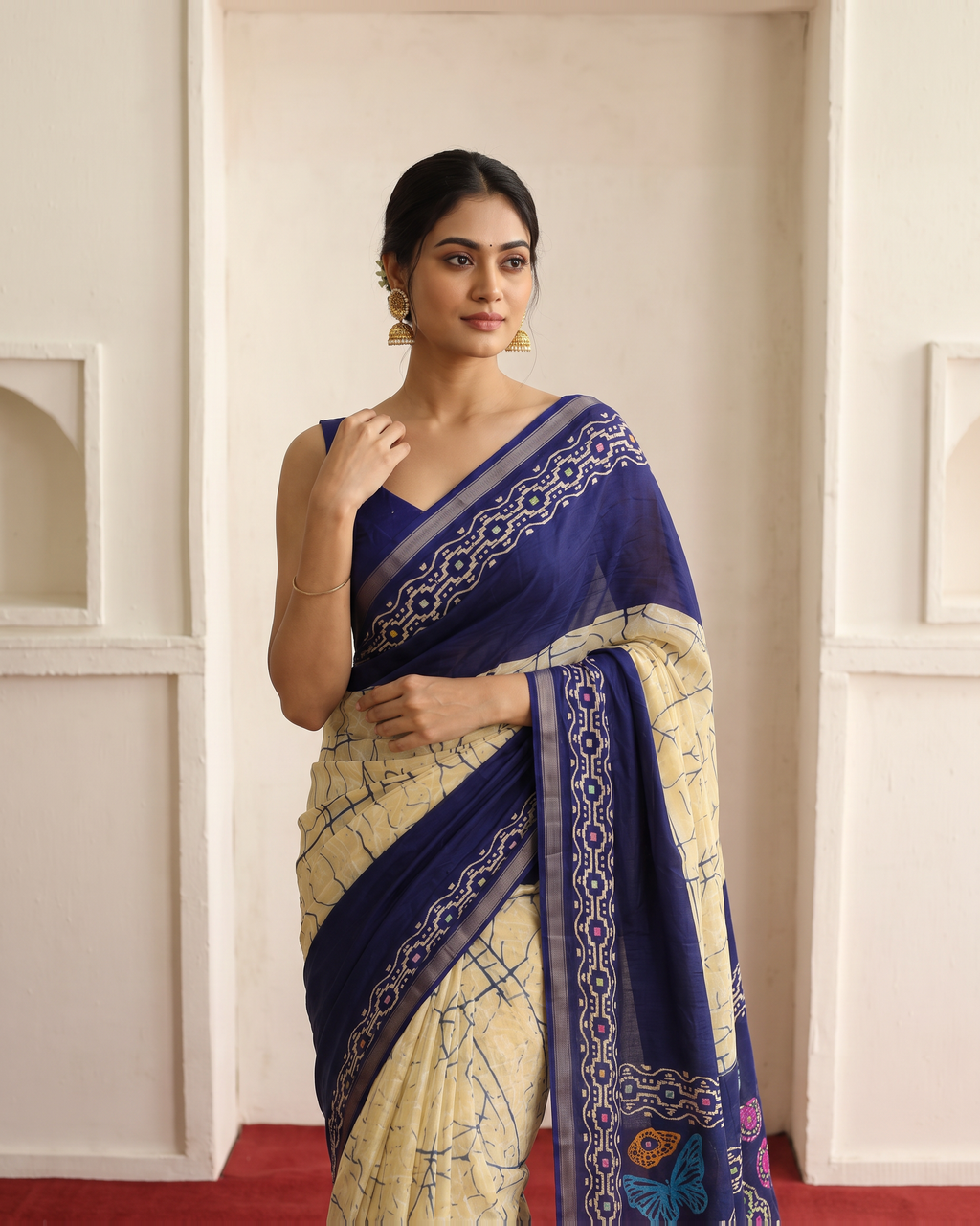 Crimson Hand-Block Chander Red colour cotton saree - Blue - upper closeup - catalog replacement catalog-output-replacement-20260812-095206-5340