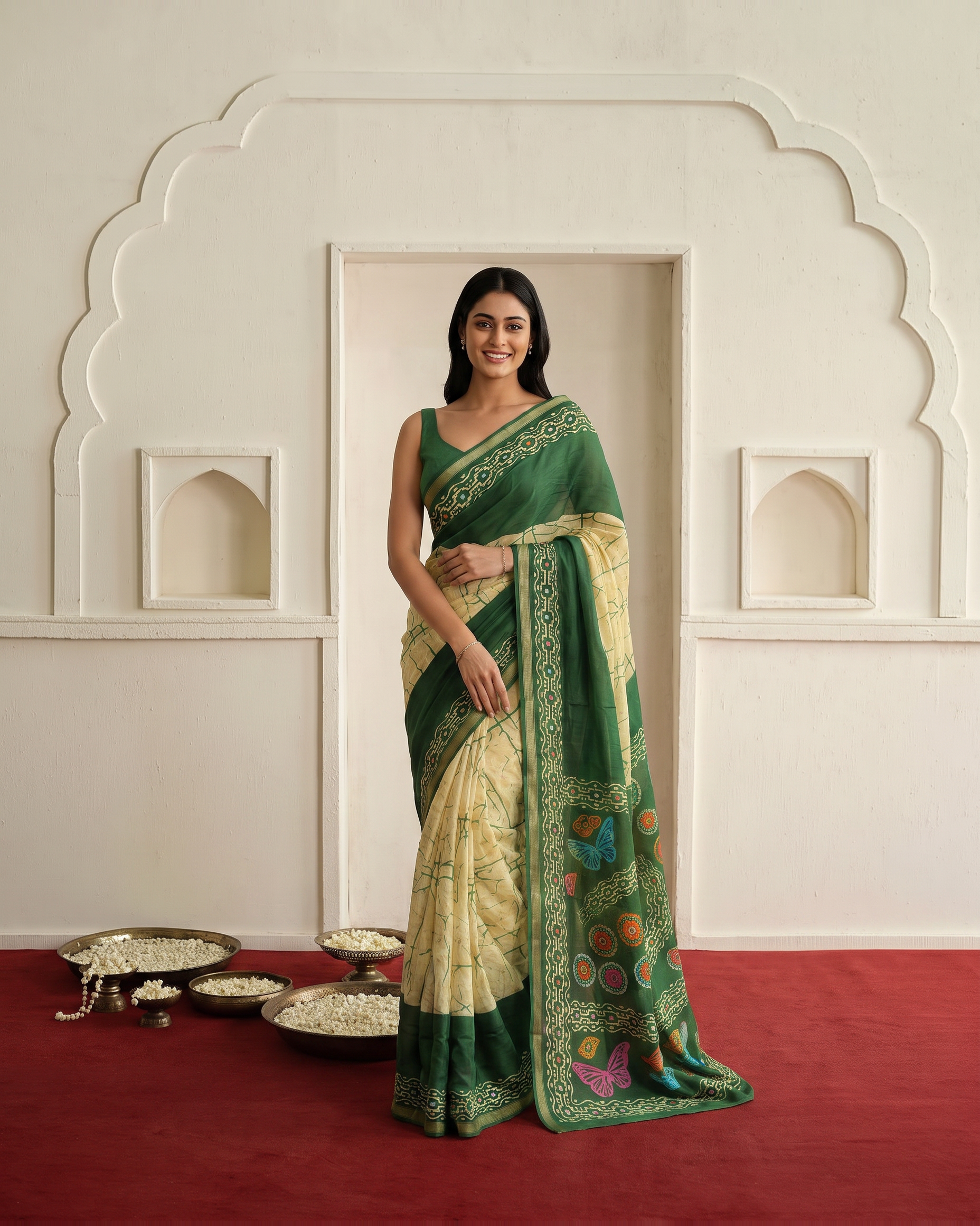Crimson Hand-Block Chander Red colour cotton saree - Green - hero