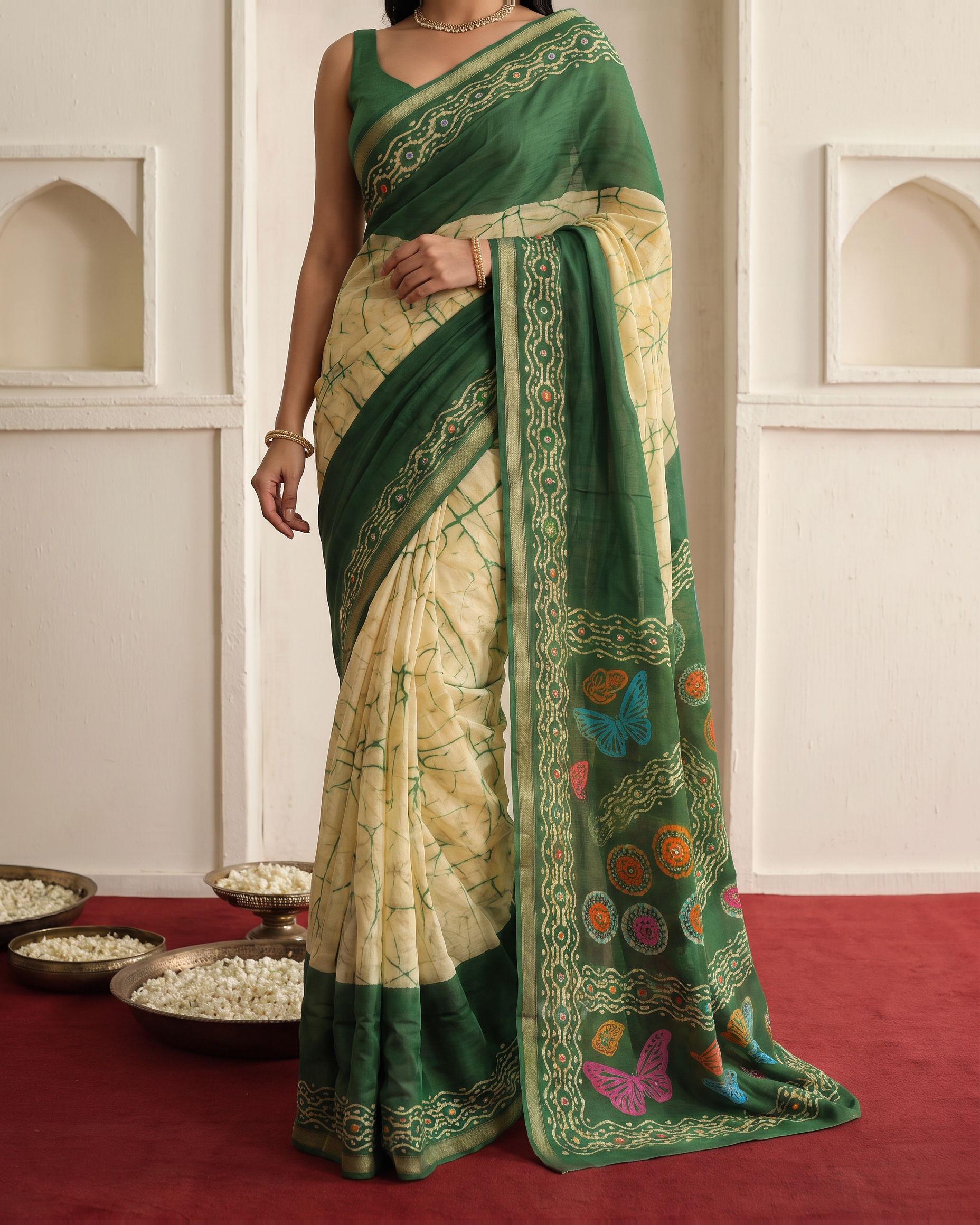 Crimson Hand-Block Chander Red colour cotton saree - Green - upper closeup