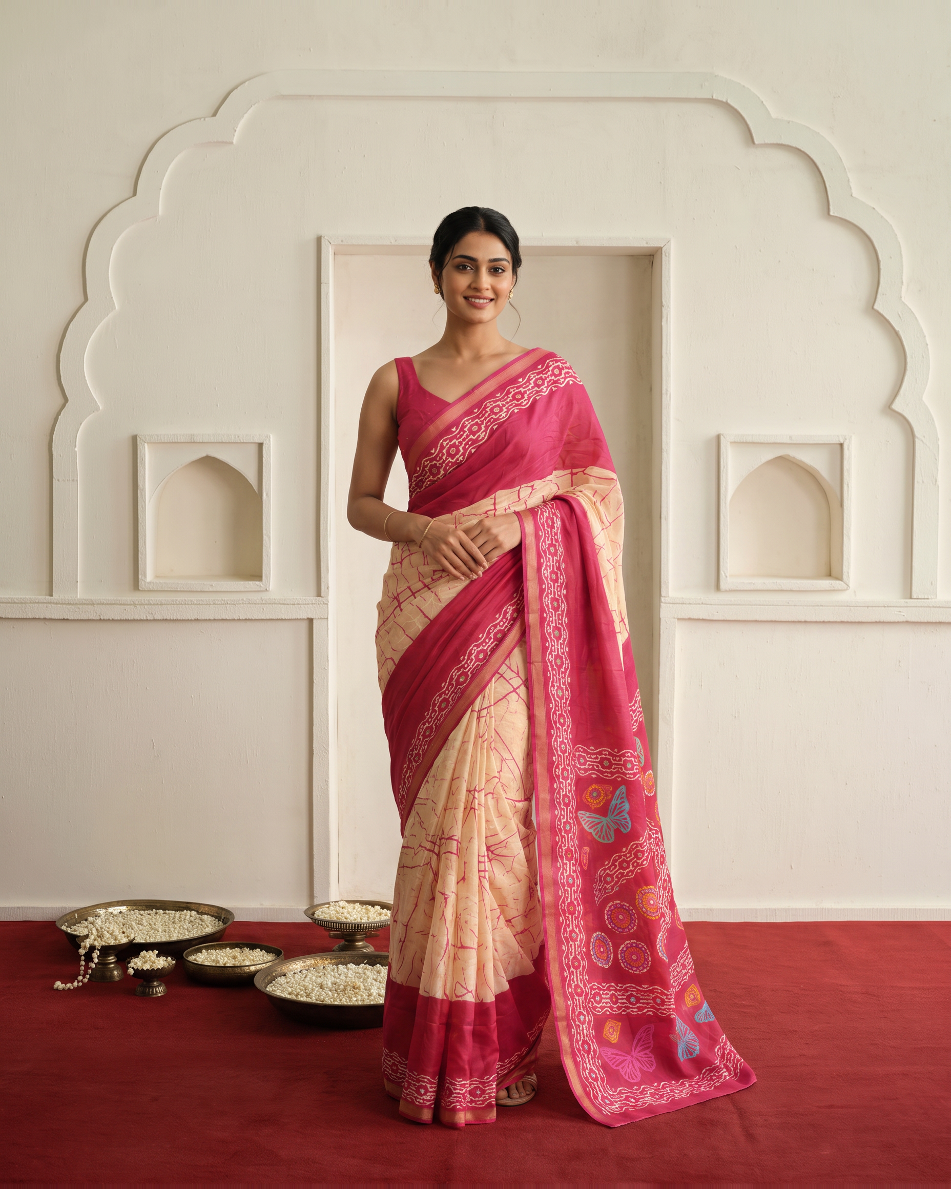 Crimson Hand-Block Chander Red colour cotton saree - Red - hero