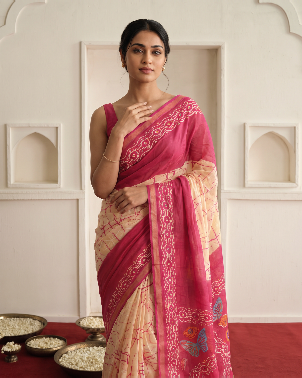Crimson Hand-Block Chander Red colour cotton saree - Red - upper closeup - catalog replacement catalog-output-replacement-20260812-095206-5340