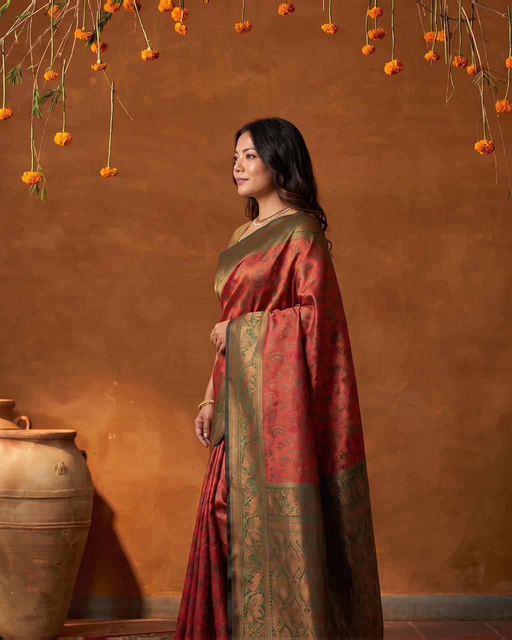 Crimson Olive Silk Saree with Antique Zari Border - side drape
