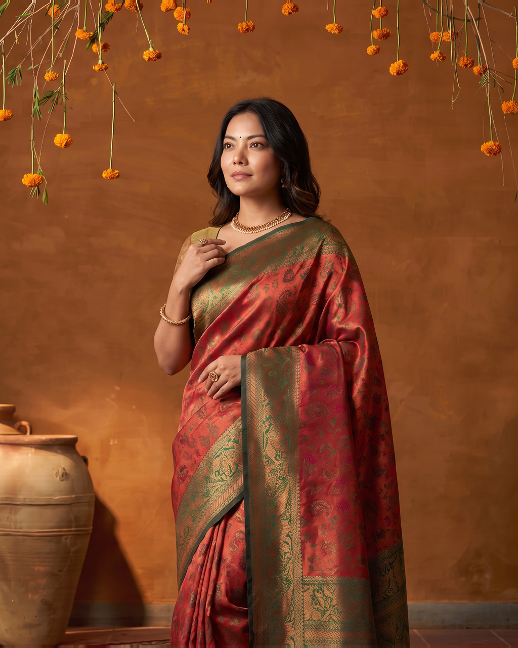 Crimson Olive Silk Saree with Antique Zari Border - upper closeup