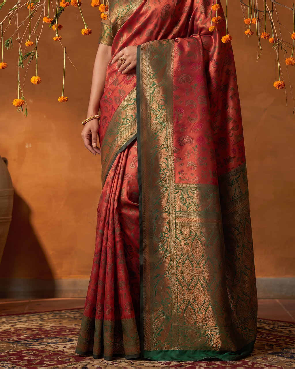 Crimson Olive Silk Saree with Antique Zari Border - lower closeup