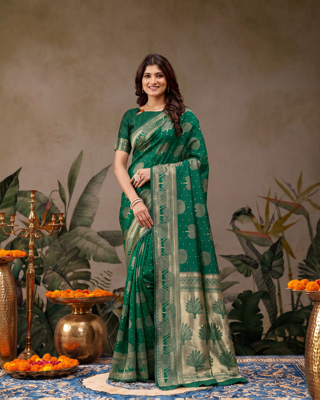 Devangana Heritage Drape Silk Saree - Dark Green - full saree hero