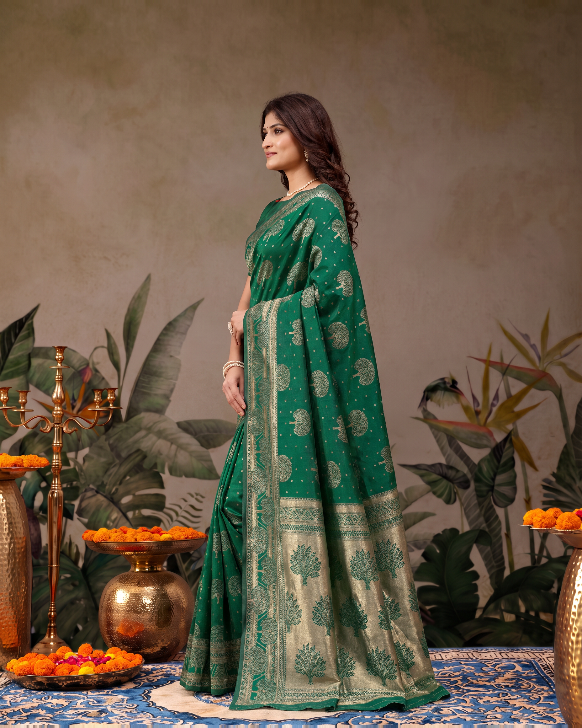 Devangana Heritage Drape Silk Saree - Dark Green - side drape