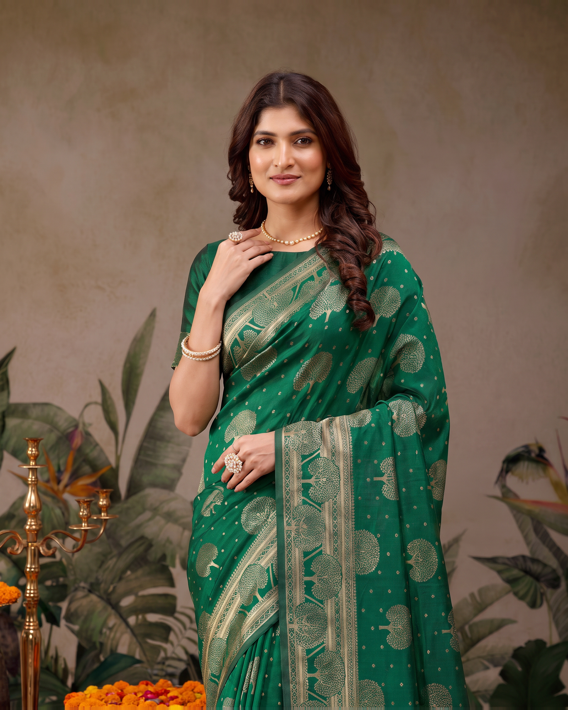 Devangana Heritage Drape Silk Saree - Dark Green - upper closeup
