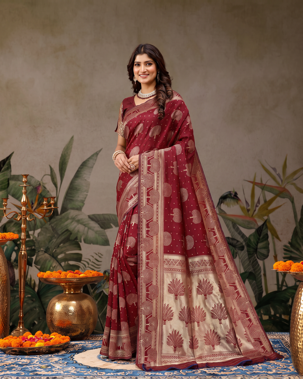 Devangana Heritage Drape Silk Saree - Maroon - full saree hero
