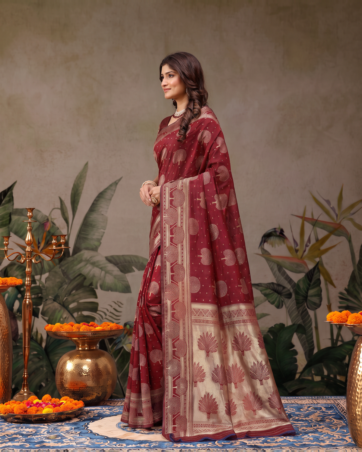 Devangana Heritage Drape Silk Saree - Maroon - side drape