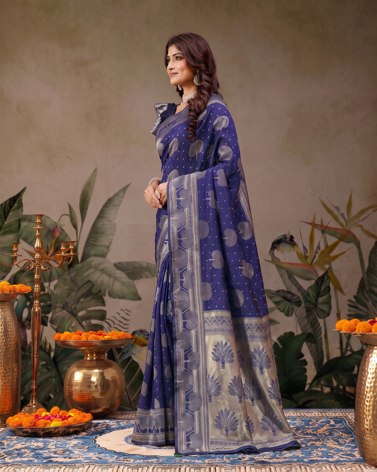 Devangana Heritage Drape Silk Saree - Navy Blue - side drape
