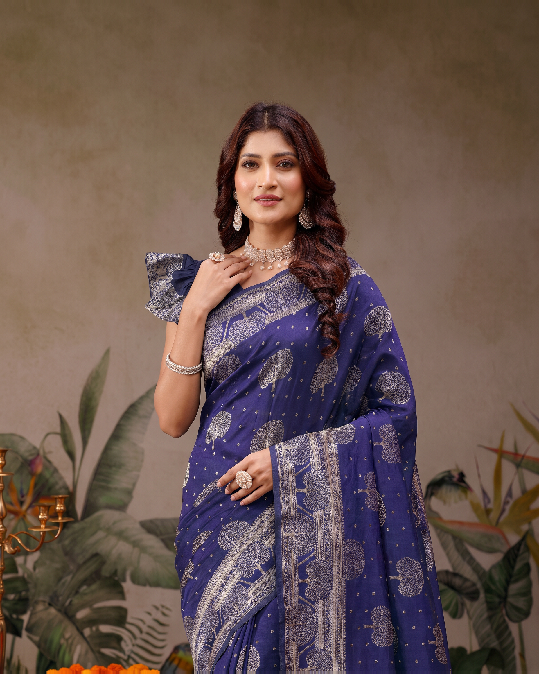Devangana Heritage Drape Silk Saree - Navy Blue - upper closeup