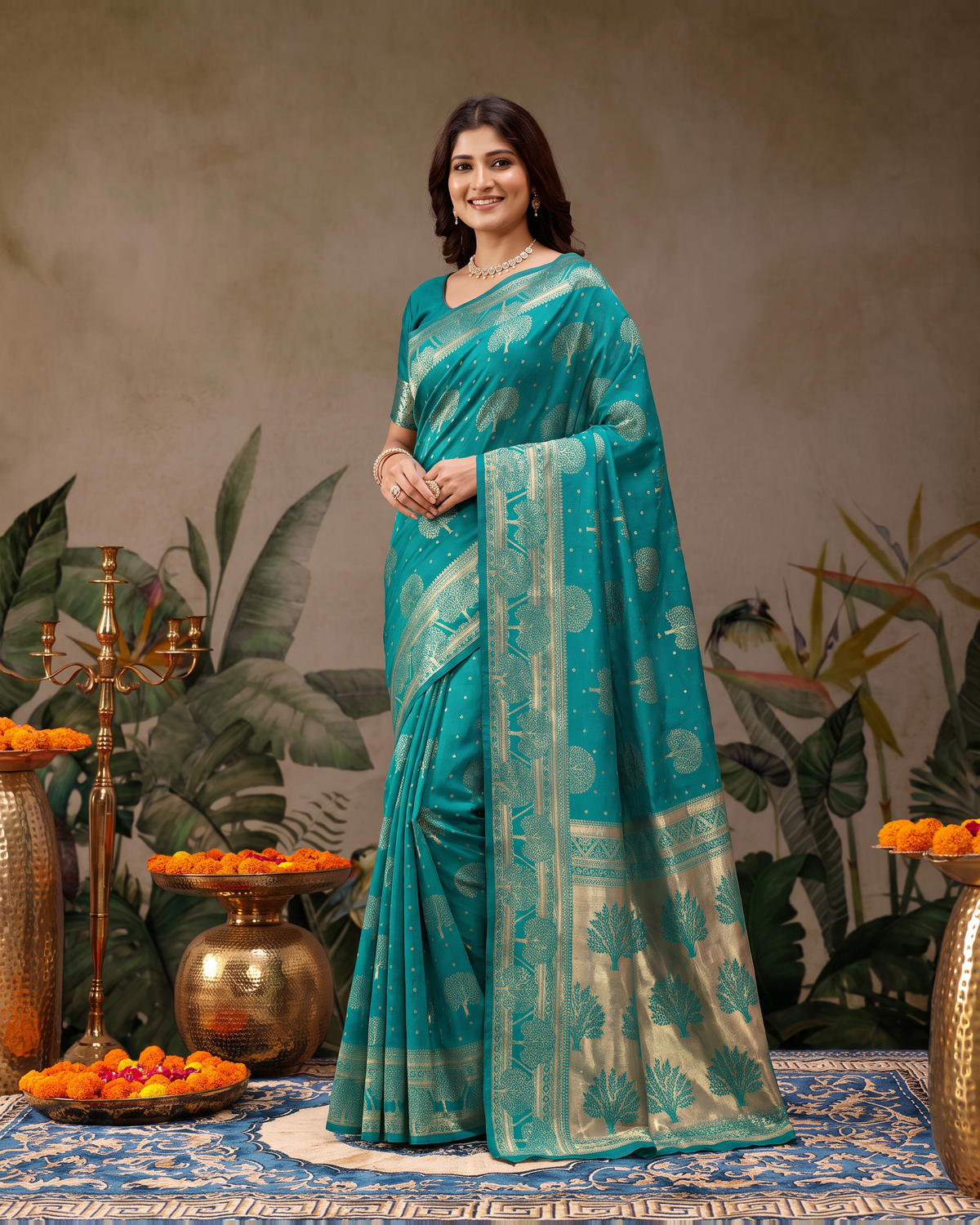 Devangana Heritage Drape Silk Saree - Rama Green - full saree hero