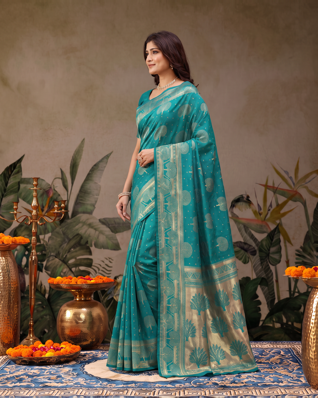 Devangana Heritage Drape Silk Saree - Rama Green - side drape