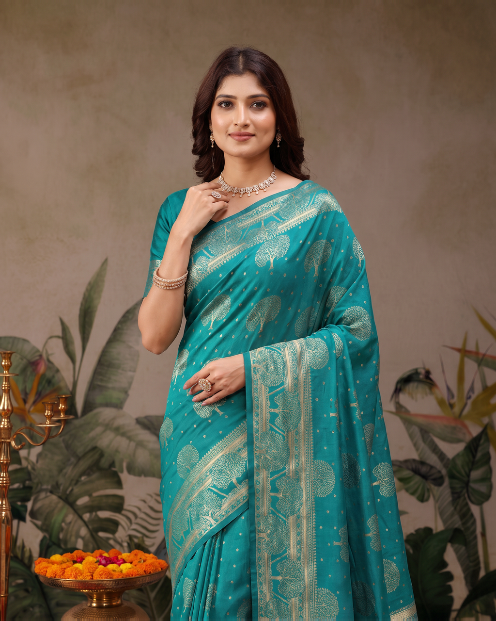 Devangana Heritage Drape Silk Saree - Rama Green - upper closeup