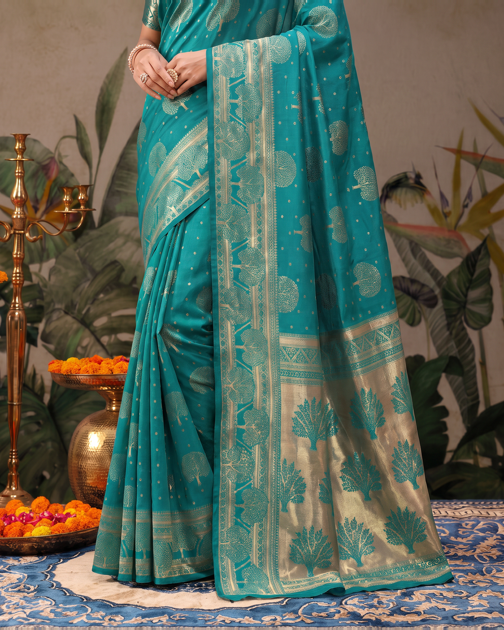 Devangana Heritage Drape Silk Saree - Rama Green - lower border closeup