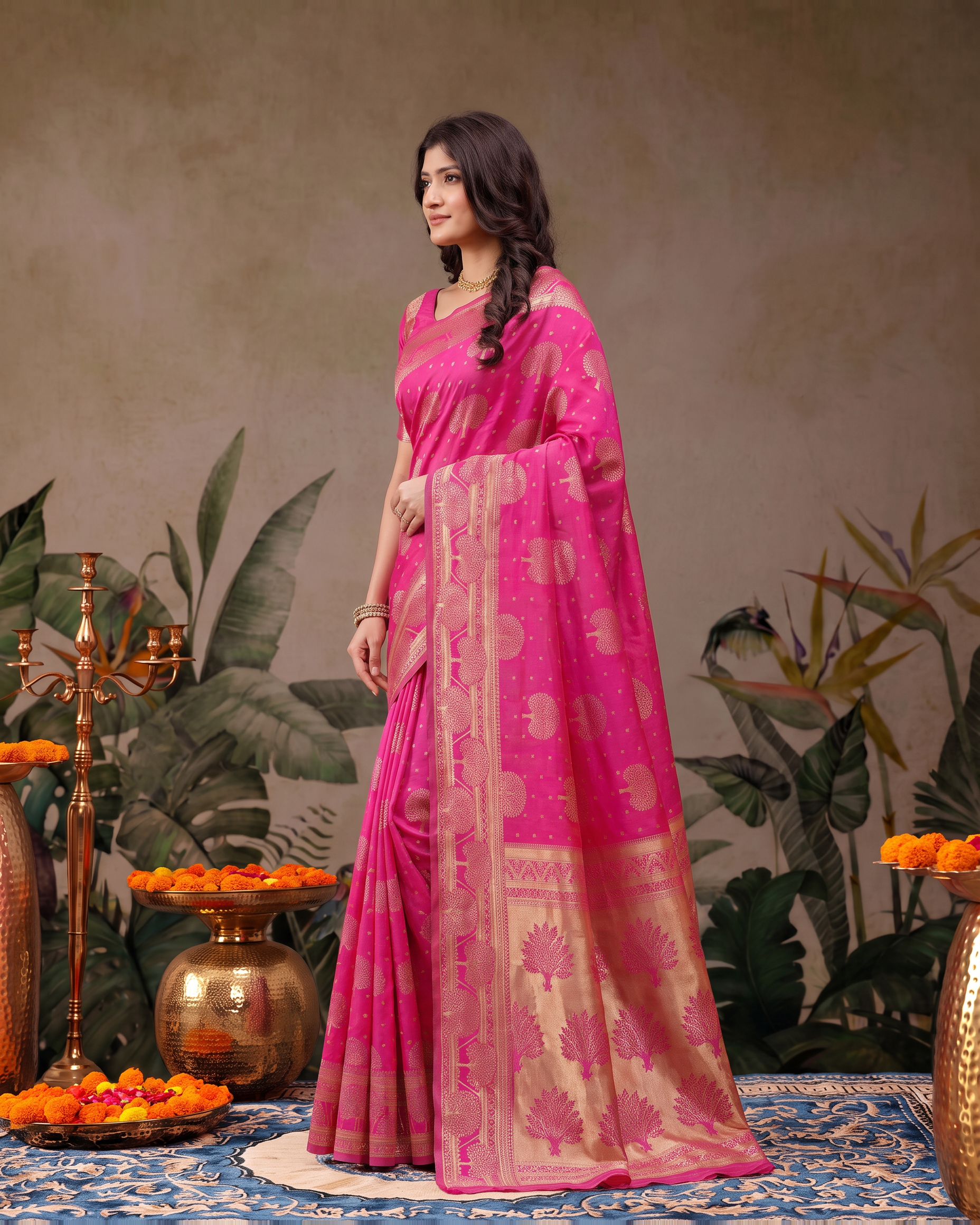 Devangana Heritage Drape Silk Saree - Rani Pink - side drape