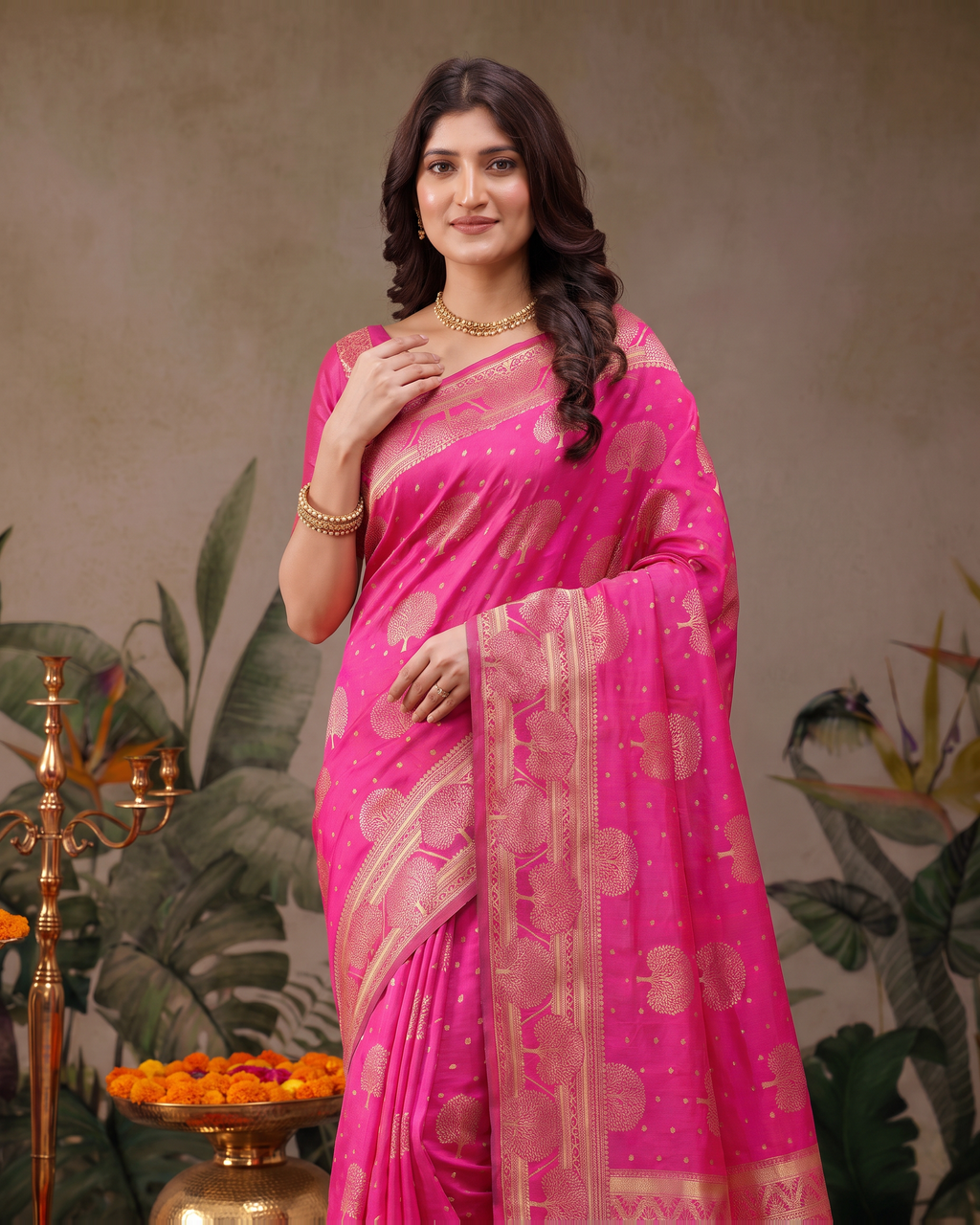 Devangana Heritage Drape Silk Saree - Rani Pink - upper closeup