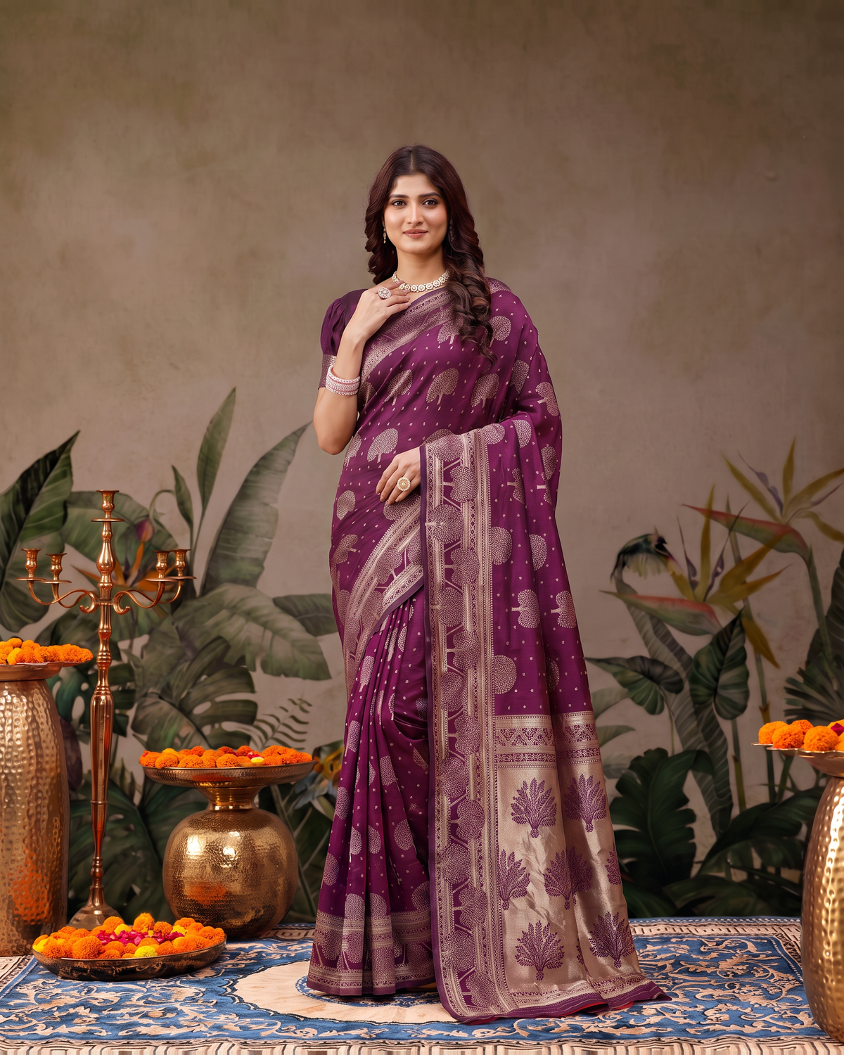 Devangana Heritage Drape Silk Saree - Wine - upper closeup