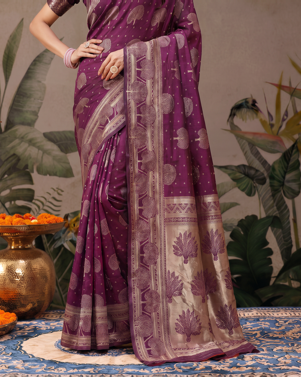 Devangana Heritage Drape Silk Saree - Wine - lower border closeup