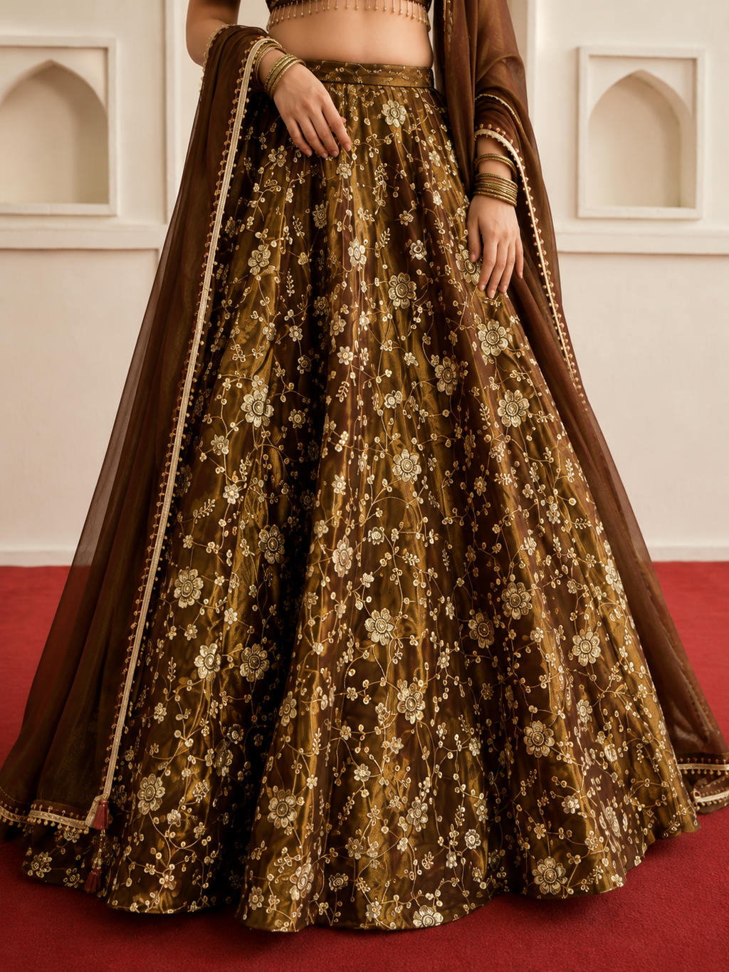 Elegant 3mm Embroidered Sequence Lehenga Three Piece Set - lehenga detail