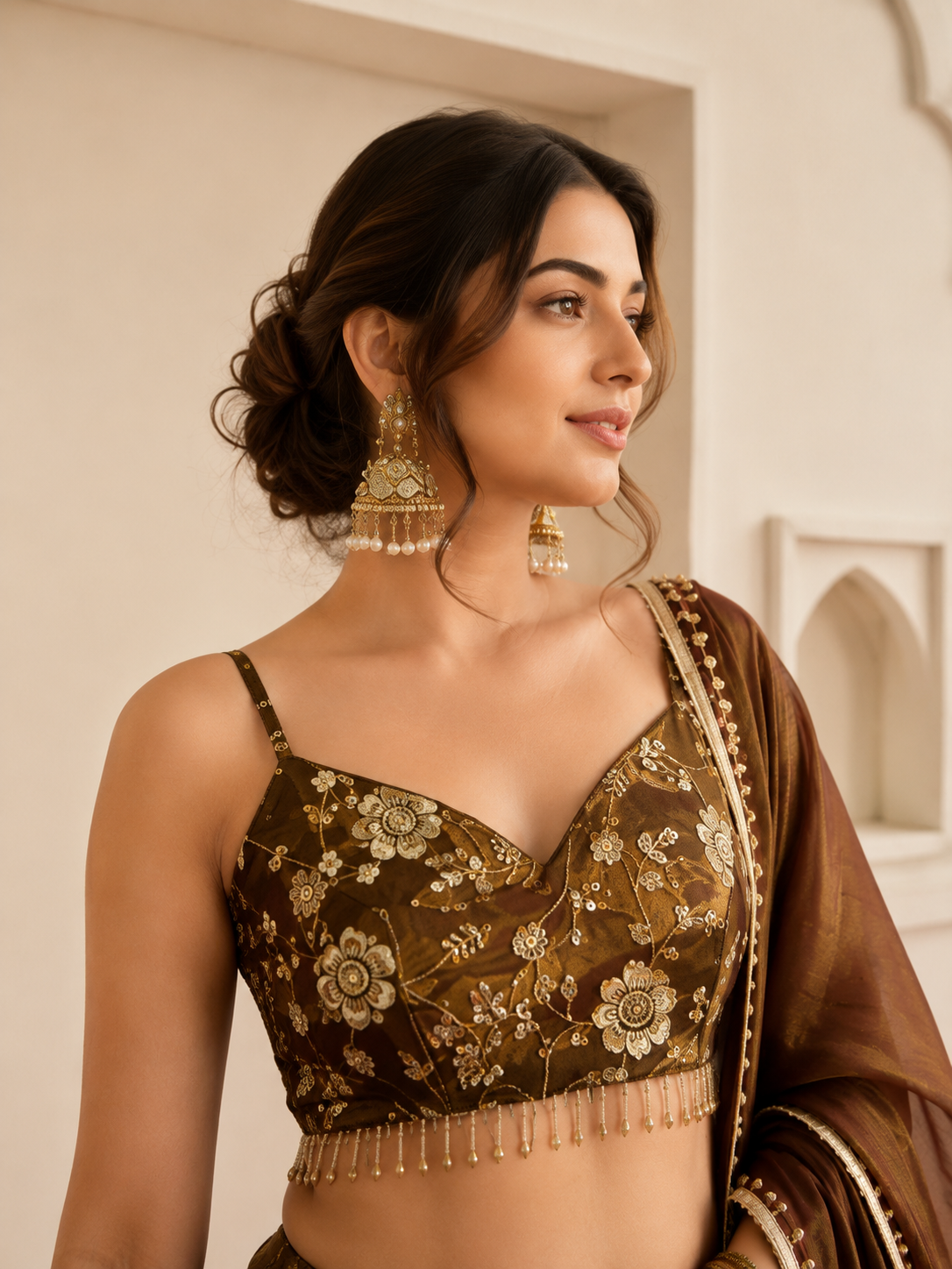 Elegant 3mm Embroidered Sequence Lehenga Three Piece Set - choli detail
