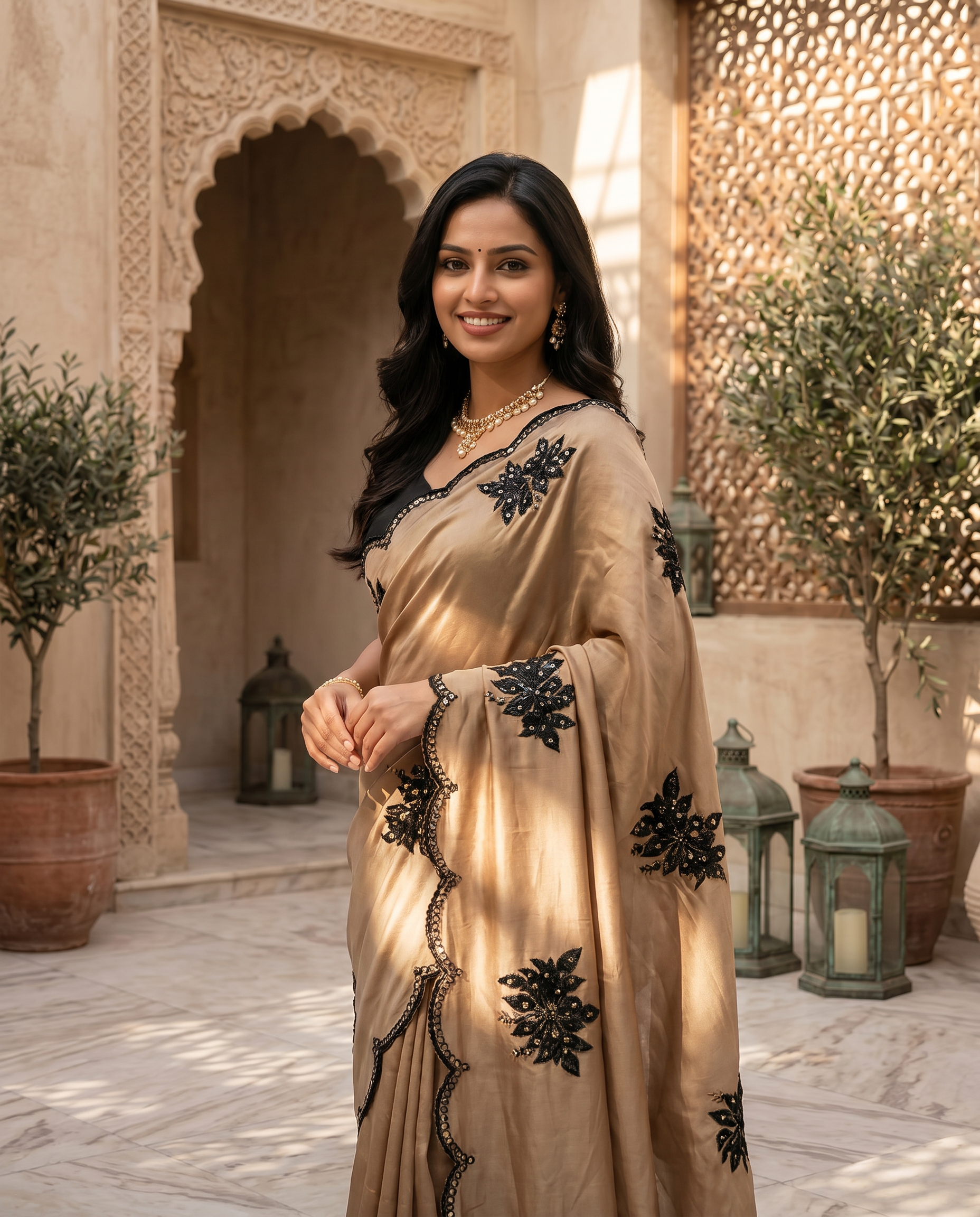 Elegant Beige Designer Saree with Black Embroidery & Scalloped Border - output 0 - 02 hero