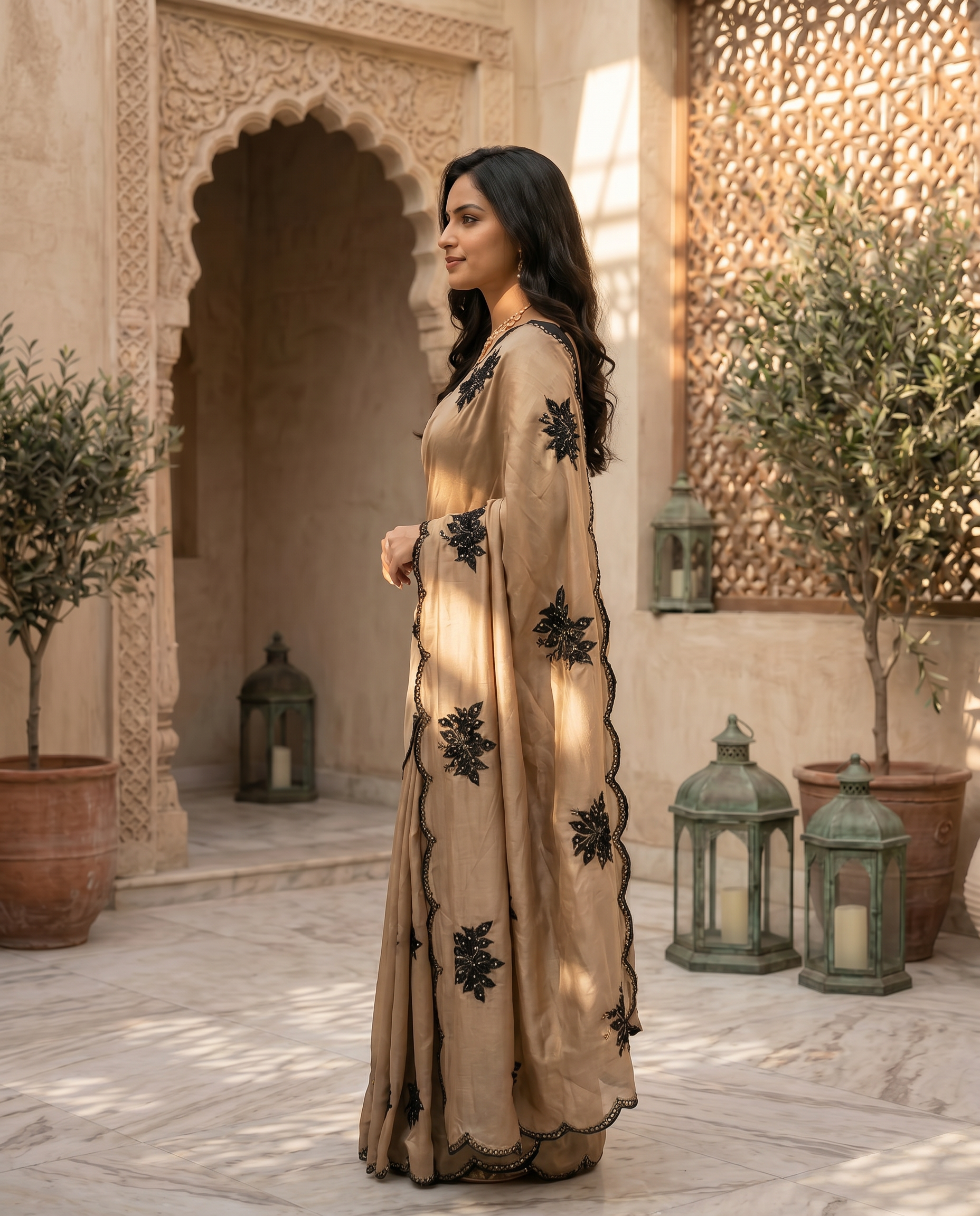 Elegant Beige Designer Saree with Black Embroidery & Scalloped Border - output 0 - 03 side
