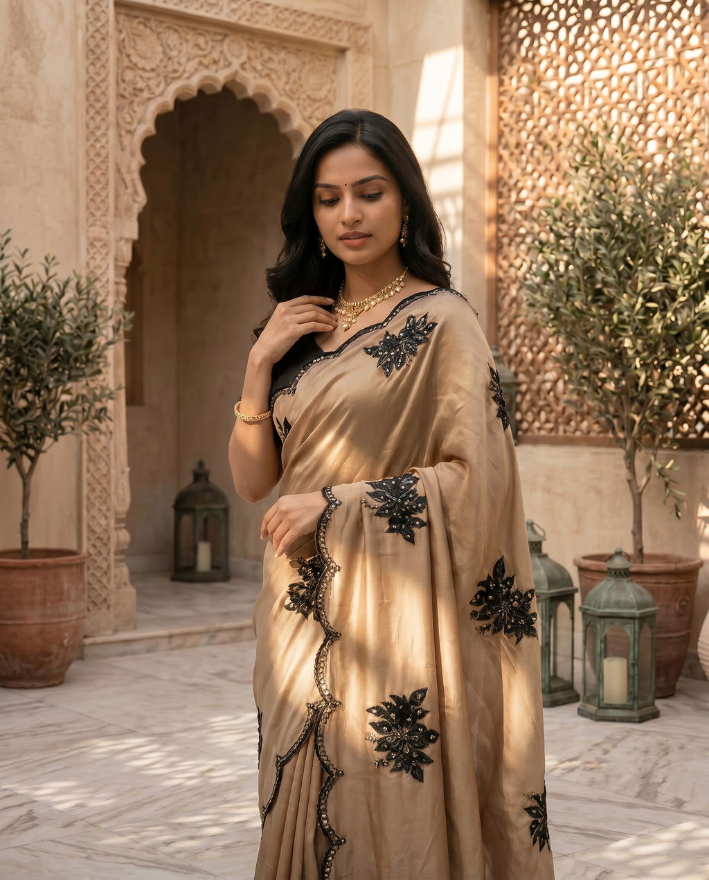 Elegant Beige Designer Saree with Black Embroidery & Scalloped Border - output 0 - 04 upper closeup