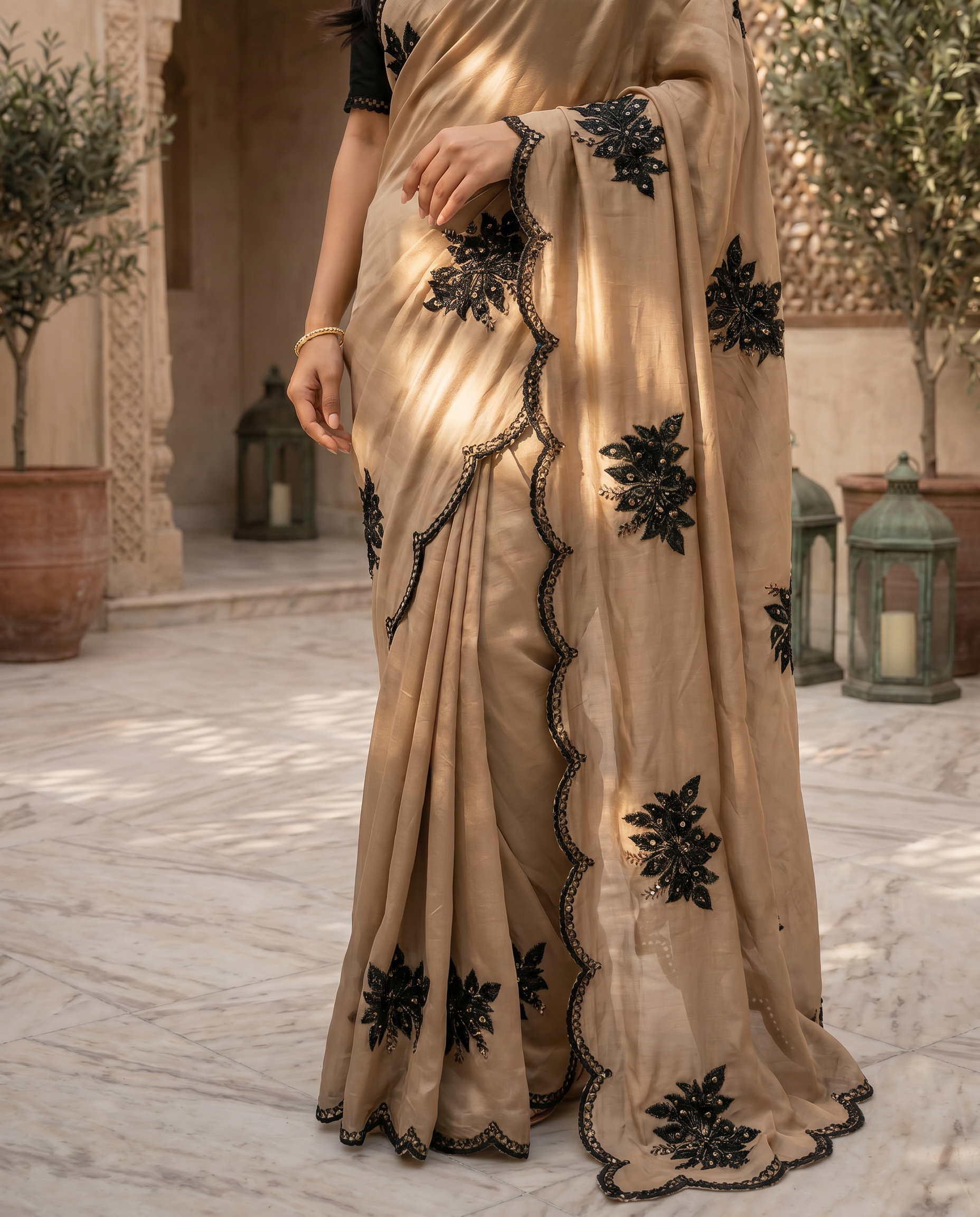 Elegant Beige Designer Saree with Black Embroidery & Scalloped Border - output 0 - 05 lower closeup