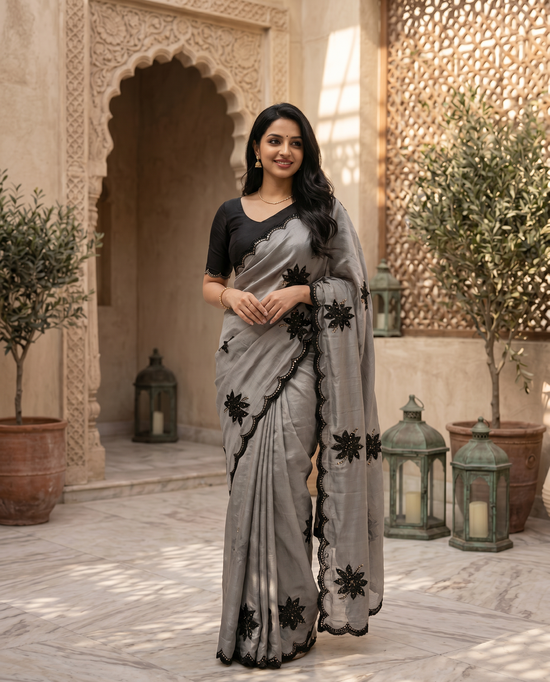 Elegant Beige Designer Saree with Black Embroidery & Scalloped Border - output 1 - 02 hero