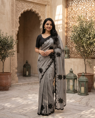 Elegant Beige Designer Saree with Black Embroidery & Scalloped Border
