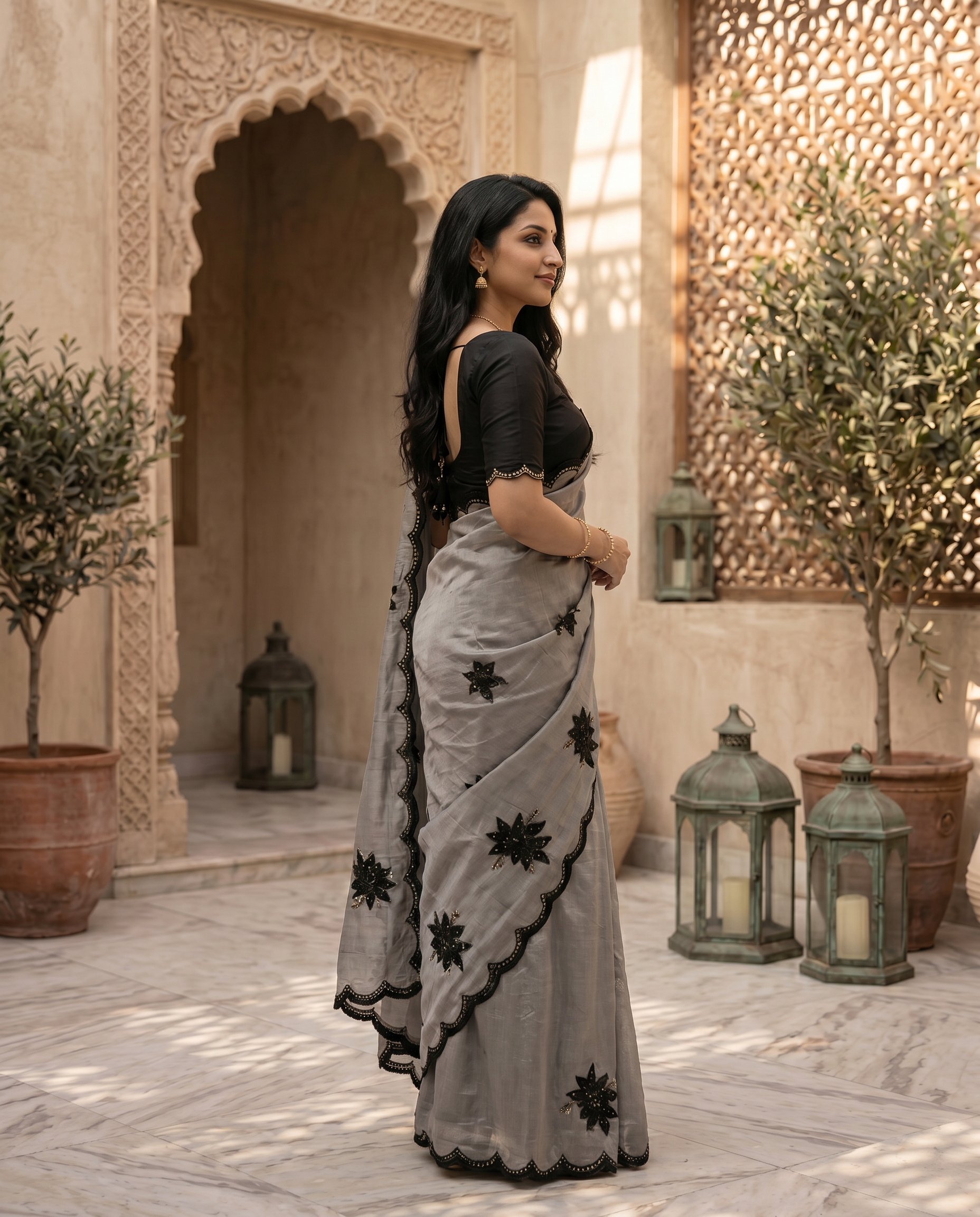 Elegant Beige Designer Saree with Black Embroidery & Scalloped Border - output 1 - 03 side