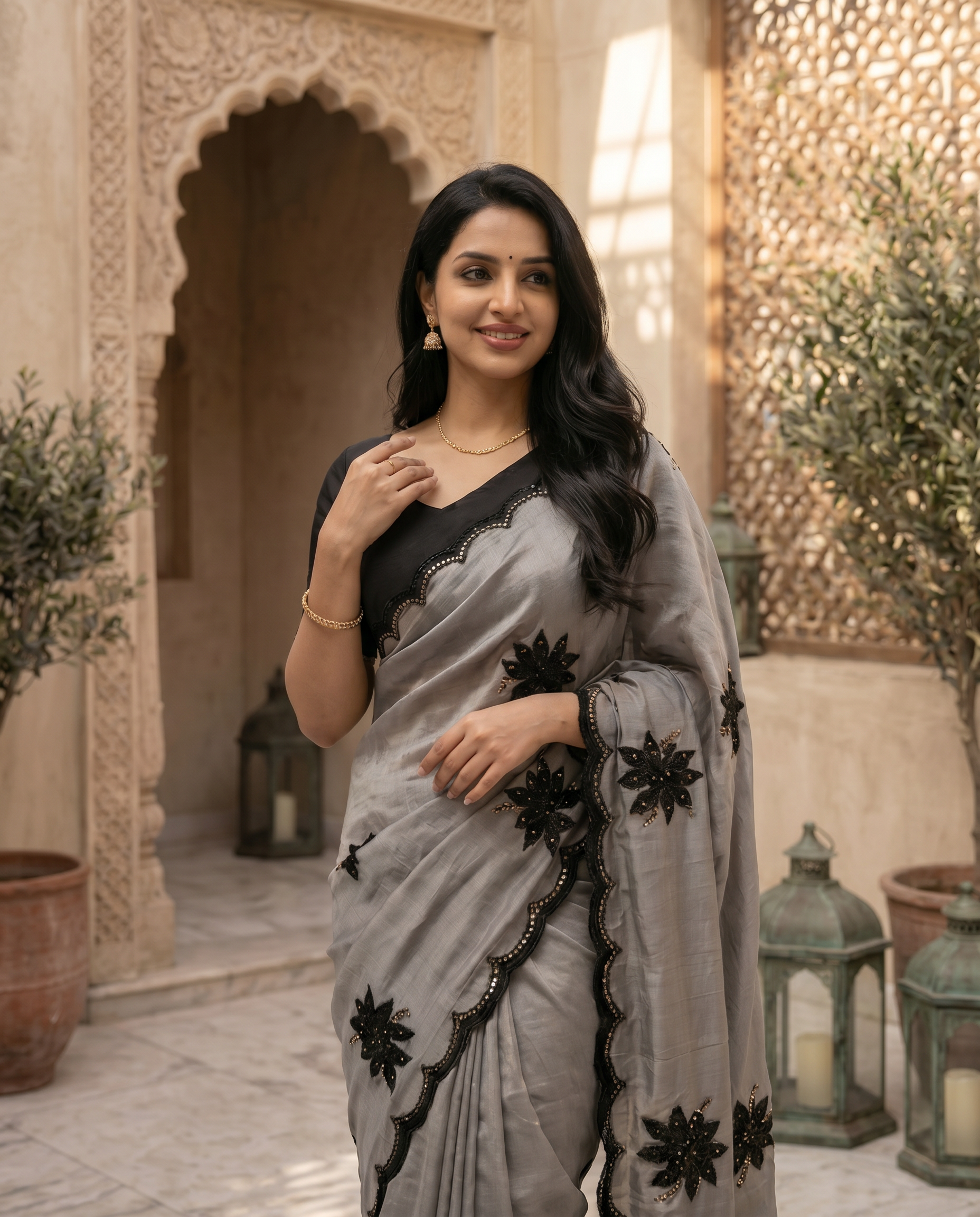Elegant Beige Designer Saree with Black Embroidery & Scalloped Border - output 1 - 04 upper closeup