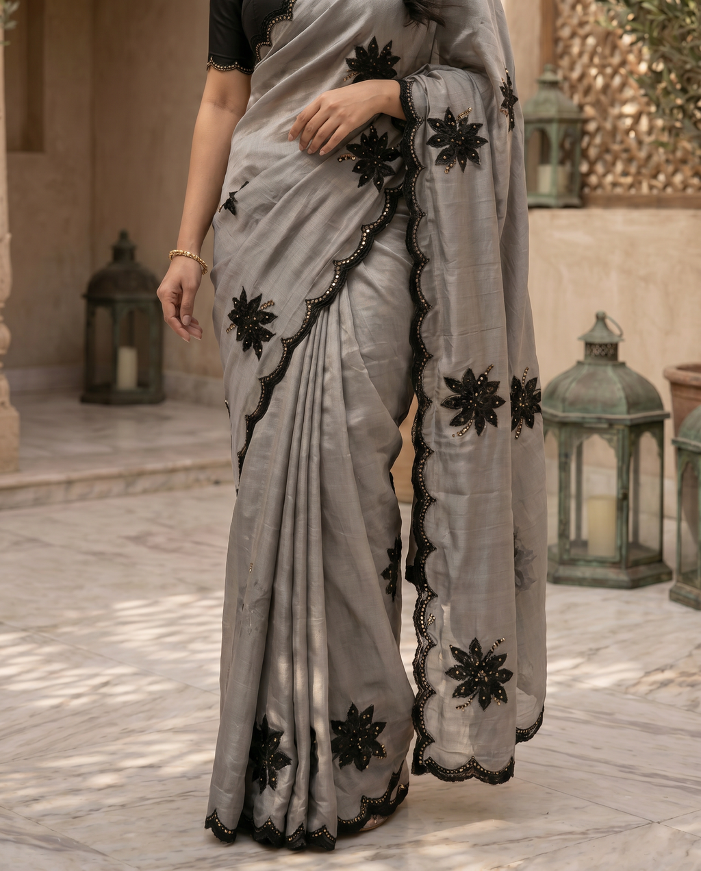 Elegant Beige Designer Saree with Black Embroidery & Scalloped Border - output 1 - 05 lower closeup