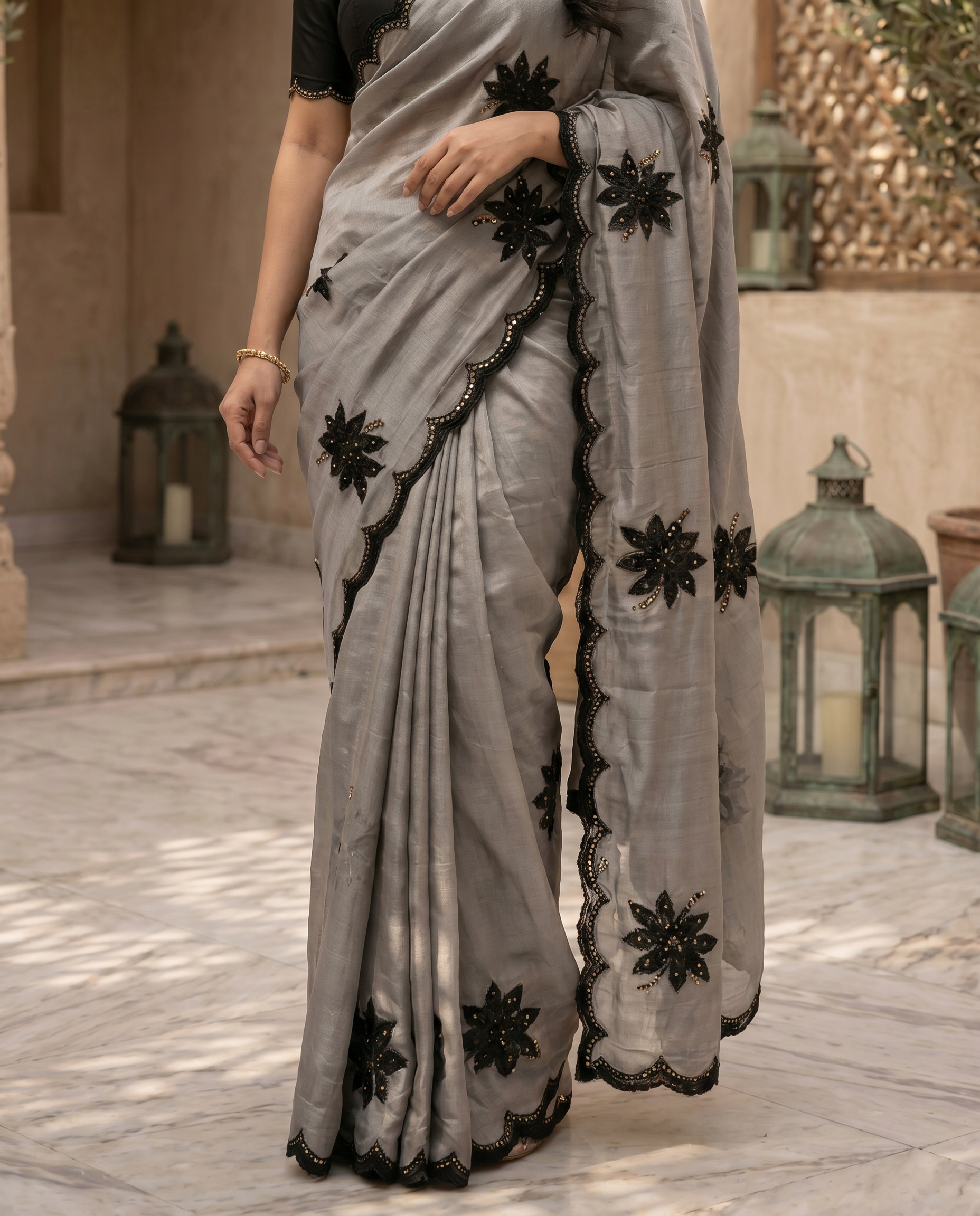 Elegant Beige Designer Saree with Black Embroidery & Scalloped Border - output 1 - 05 lower closeup