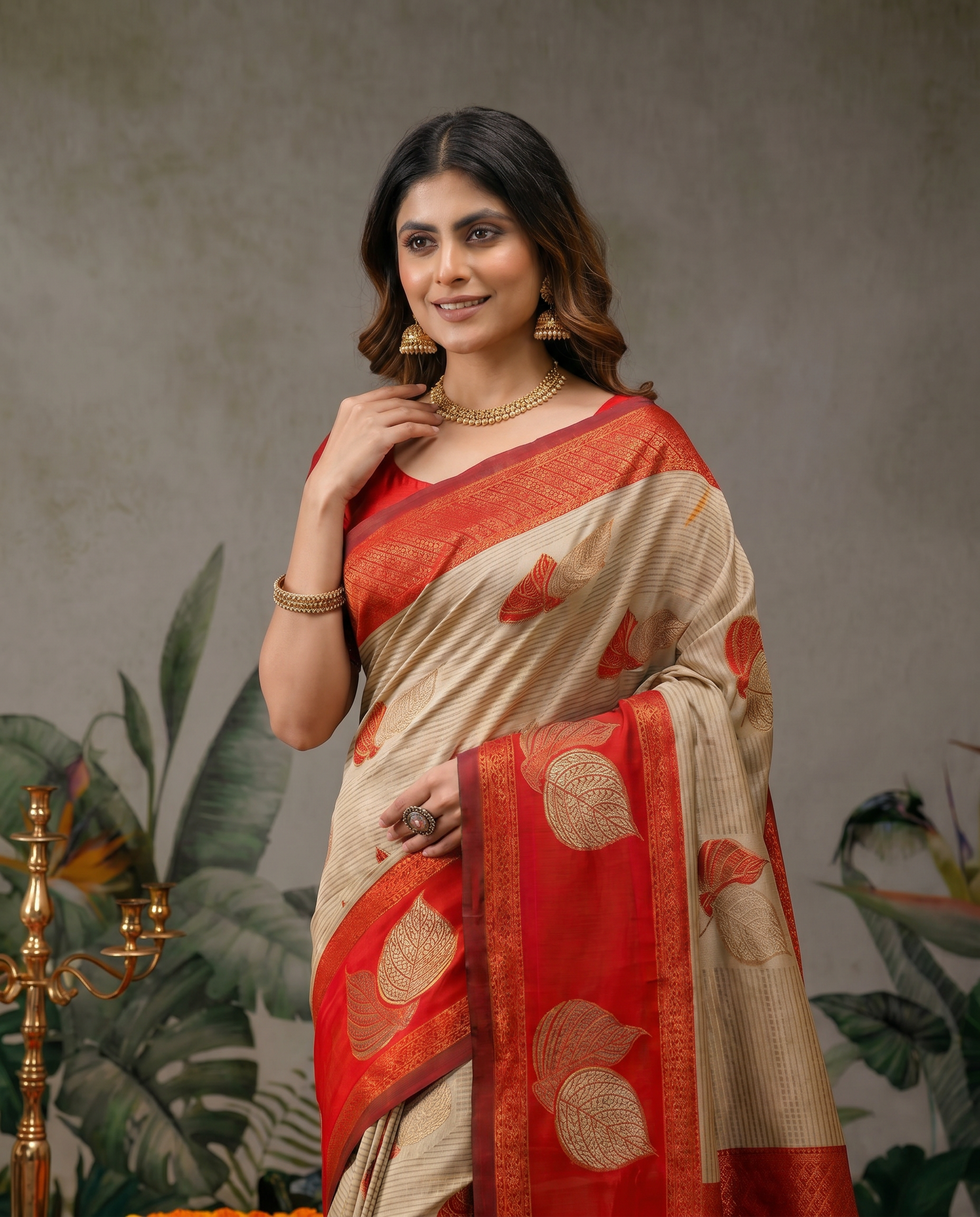 Elegant Beige & Red Zari Woven Saree with Rich Designer Pallu – Festive & Wedding Wear - output 3 - 04 upper closeup