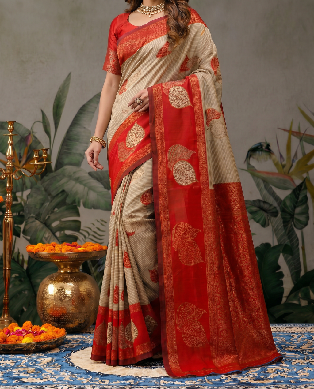 Elegant Beige & Red Zari Woven Saree with Rich Designer Pallu – Festive & Wedding Wear - output 3 - 05 lower closeup