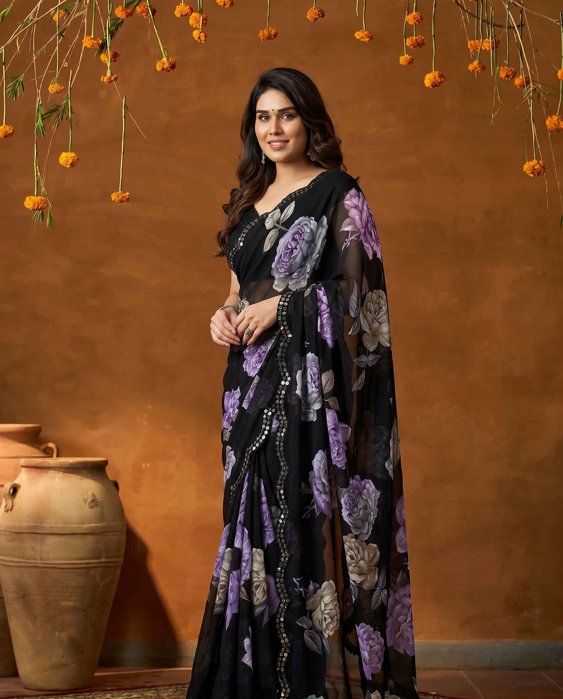Elegant Black Floral Printed Georgette Saree with Designer Border – Party Wear & Casual Wear - output 0 - 02 hero