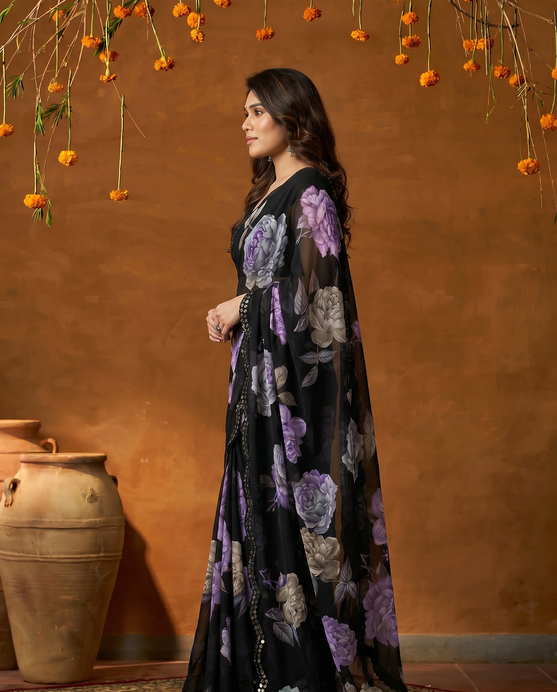 Elegant Black Floral Printed Georgette Saree with Designer Border – Party Wear & Casual Wear - output 0 - 03 side