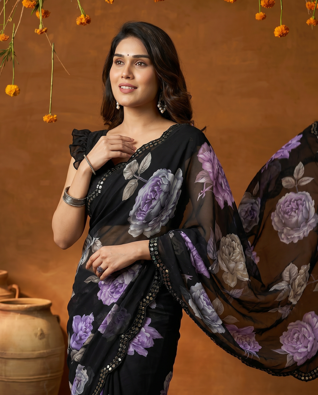 Elegant Black Floral Printed Georgette Saree with Designer Border – Party Wear & Casual Wear - output 0 - 04 upper closeup