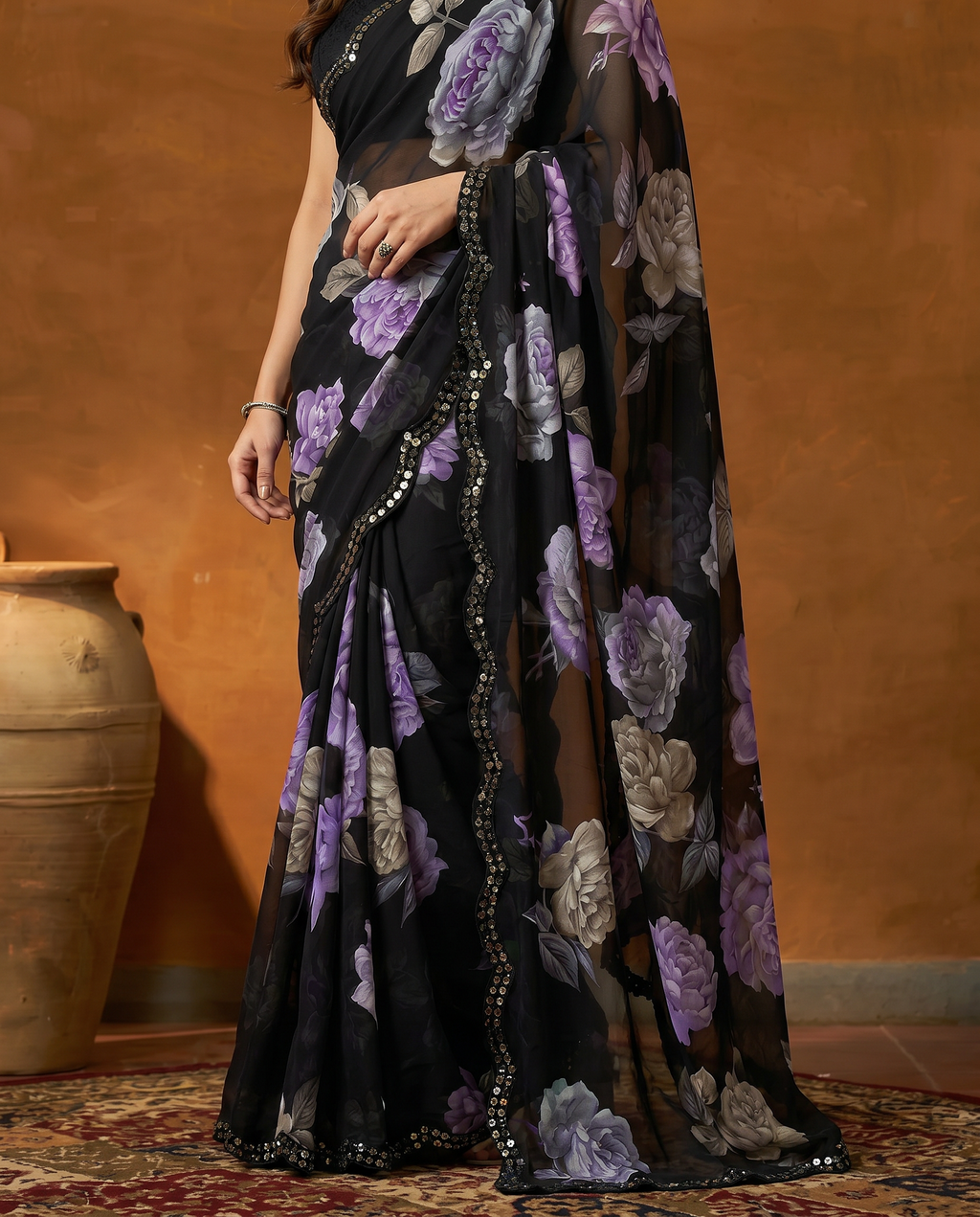 Elegant Black Floral Printed Georgette Saree with Designer Border – Party Wear & Casual Wear - output 0 - 05 lower closeup