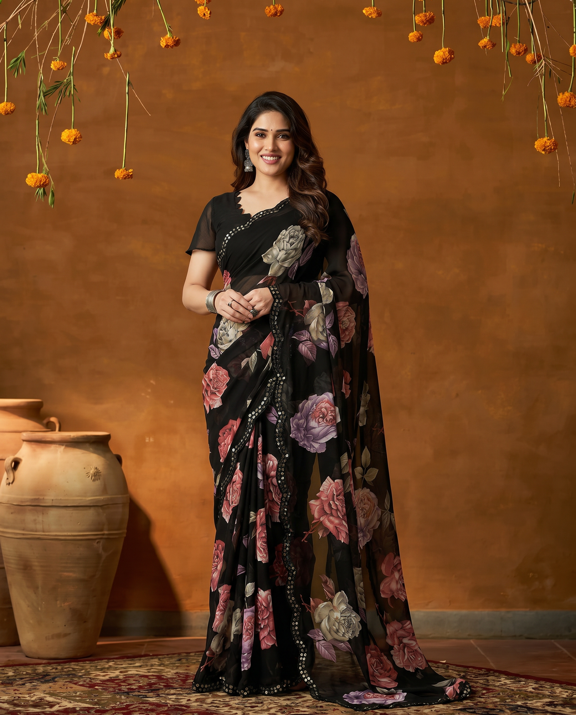 Elegant Black Floral Printed Georgette Saree with Designer Border – Party Wear & Casual Wear - output 1 - 02 hero