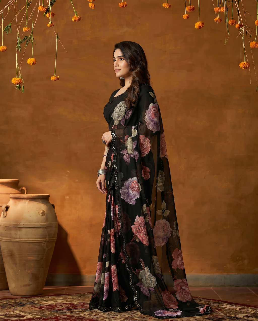 Elegant Black Floral Printed Georgette Saree with Designer Border – Party Wear & Casual Wear - output 1 - 03 side